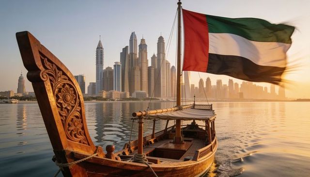 Traditional wooden dhow sailing dubai marina skyline at sunrise with uae flag fluttering