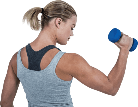Transparent muscular woman lifting dumbbell in strength training