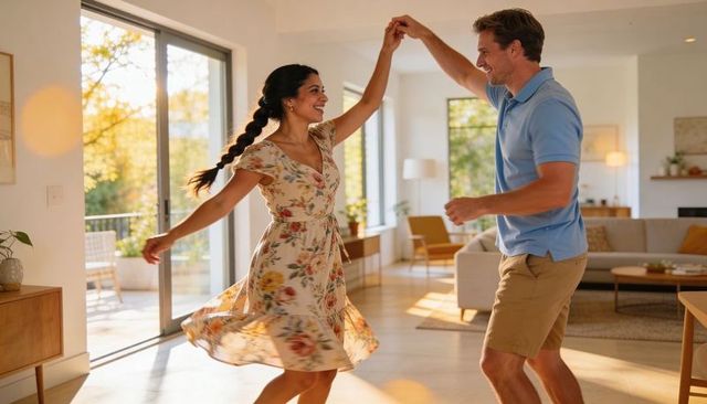 Sunlit living room couple twirling in floral dress and blue polo, cozy modern home romance