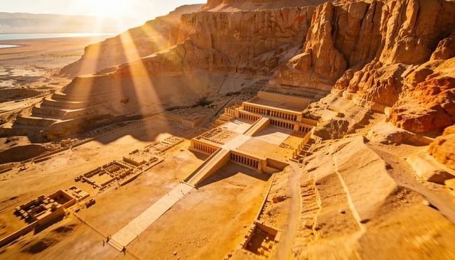 Sunrays bathing terraced mortuary temple carved into orange cliff in arid desert valley