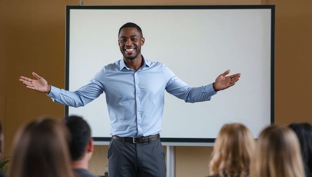 Confident speaker leading conference with enthusiastic presentation