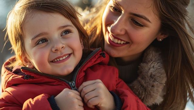 Mother and Daughter Sharing Warm Golden-Hour Moment While Zipping Red Puffer Jacket