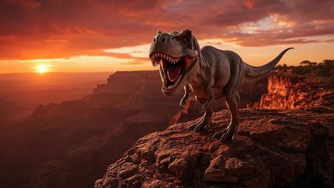 Tyrannosaurus rex roaring on canyon edge at dramatic sunset