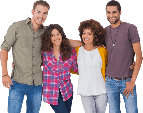Diverse group of friends embracing positivity on transparent background
