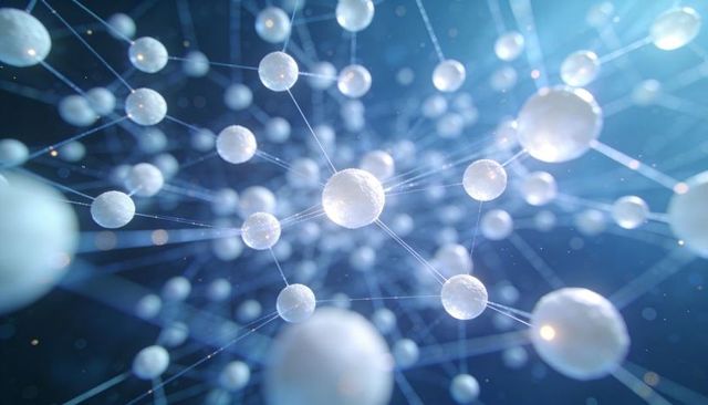 Glowing neural network of interconnected spheres radiating energy across blue digital space