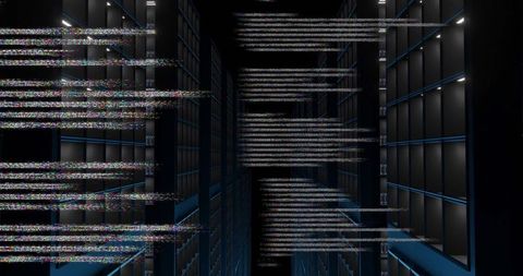 Glitched data center aisle with blue-lit server racks, neon depth and digital noise