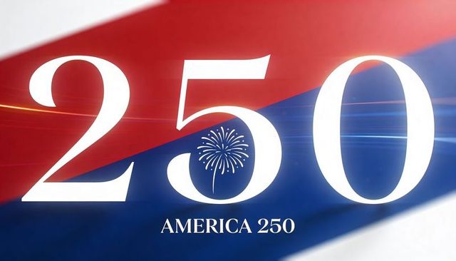 America 250 celebration graphic with large 250 numerals, firework emblem, red blue ribbon