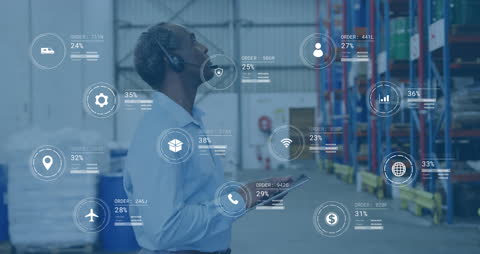 Warehouse Worker Analyzing Logistics with Advanced Technology