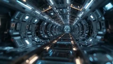 Gliding Camera Traveling Through Futuristic Modular Spacecraft Tunnel Revealing Bulkhead