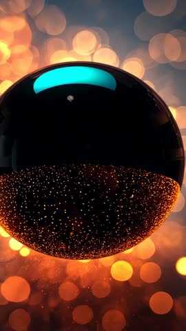 Vertical video rotating black glossy orb with cyan rim and drifting golden bokeh sparks