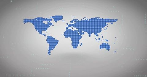 Digital Dotted World Map with Binary Overlays on Gray Background