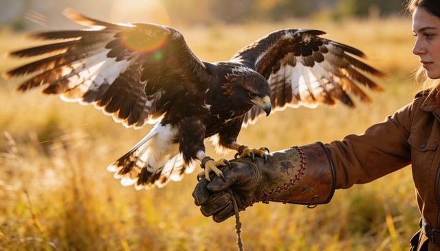 Landing large raptor gripping leather gauntlet in backlit golden meadow falconry