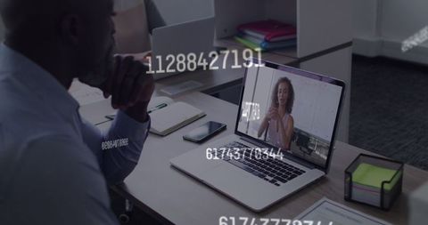 Businessman in virtual meeting data analytics concept