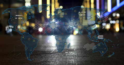 Digital World Map Overlay on City Street at Night