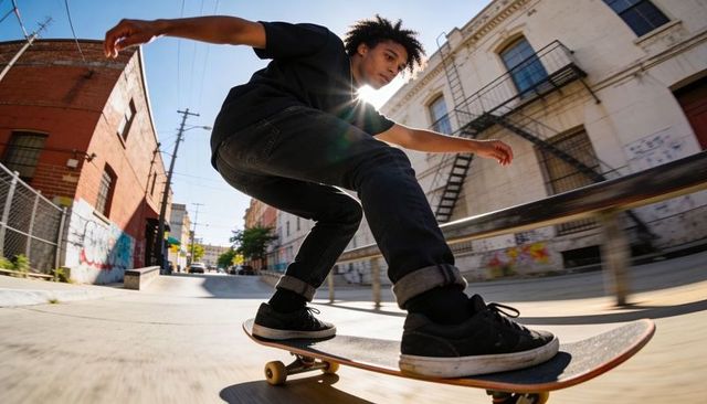 Skating black teen crouching on skateboard passing rail on sunny urban alley