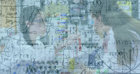 Schoolgirls Collaborating on Science Project in Lab with Equations Overlay