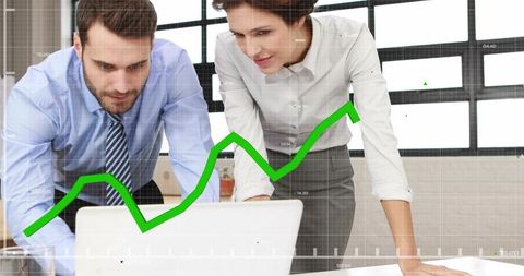 Business Team Analyzing Upward Financial Trend on Laptop, Collaborative Growth Strategy