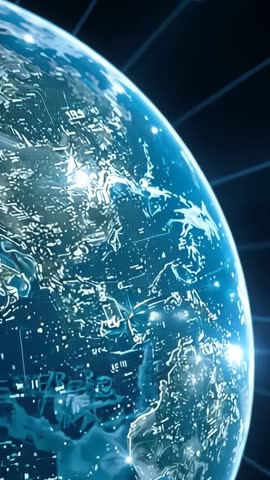 Vertical Futuristic Digital Globe Rotating with Circuitry Nodes and Blue Beams for Tech