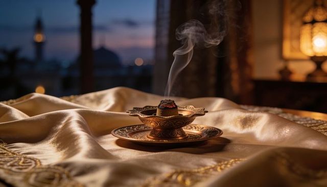 Golden brass censer emitting smoke on satin drapery with lantern glow and mosque dome
