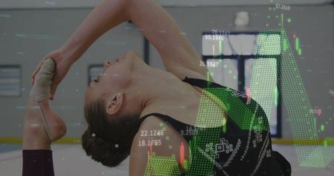 Gymnast in leotard with financial and data chart overlay