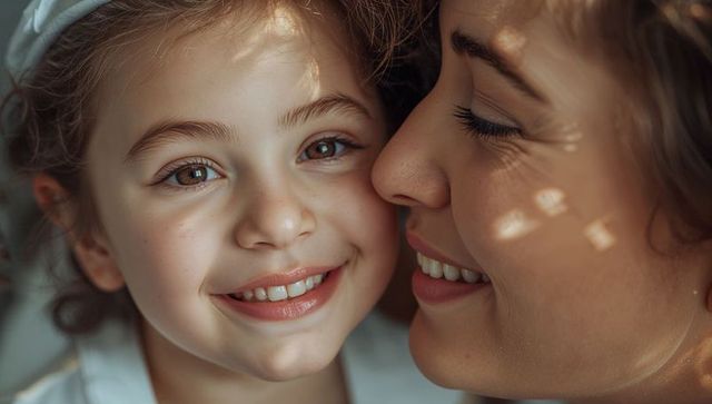 Mother and daughter smiling close in dappled sunlight intimate warm family portrait closeup