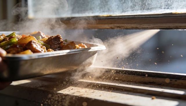 Steaming tray of meat and vegetables passing through sunlit kitchen window with crumbs