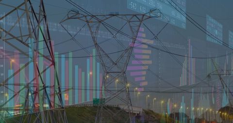 Financial Data Overlay with Electricity Pylons in Evening Ambiance - Download Free Stock Images Pikwizard.com