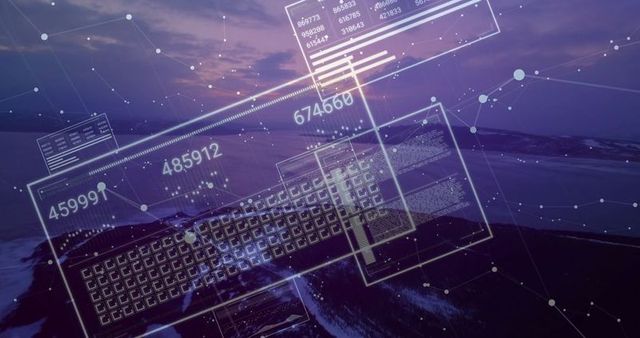 Futuristic Digital Interface Cascading Over Twilight Beach