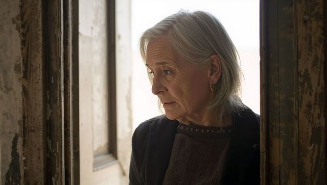 Reflective senior woman standing in weathered doorway backlit by soft light