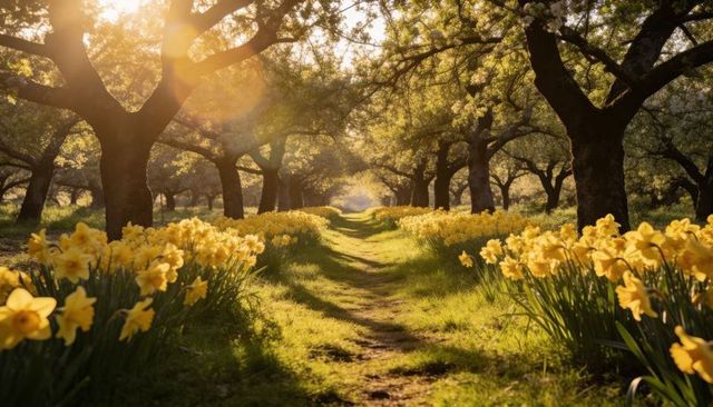 Golden Sunrise Orchard Path Lined with Daffodils and Arching Blossom Trees