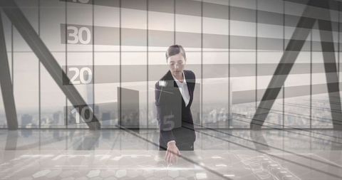 Businesswoman Using Holographic Interface in Futuristic Office