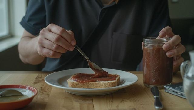 Spreading jam on toast at rustic kitchen table with jar and spoon closeup breakfast scene