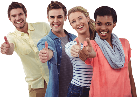 Diverse group of young people giving thumbs up on transparent background