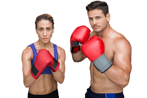 Transparent Portrait of Fit Man and Woman with Boxing Gloves Raised
