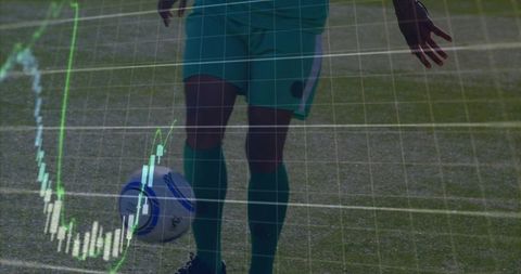 Soccer player balancing ball with stock market chart overlay on training turf