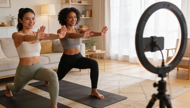 Two women smiling lunging on yoga mats filming home workout with ring light and phone