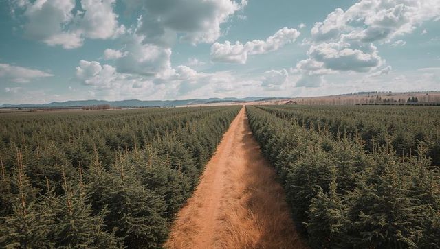 Symmetrical Cedar Tree Line Pathway Under Scenic Sky