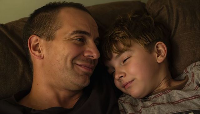 Father and Son Sharing Quiet Evening on Sofa Smiling, Resting, Bonding in Cozy Home