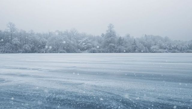 Snowfall blanketing frozen lake and frosted forest shoreline, serene winter expanse