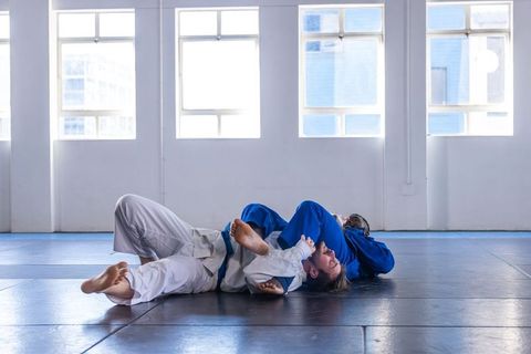 Diverse Martial Artists in Dojo Practicing Grappling on Mat