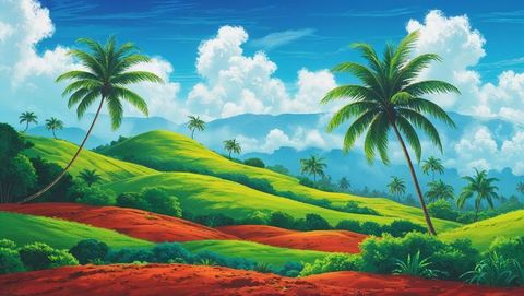 Idyllic tropical haiti landscape with vibrant green hills and palm trees