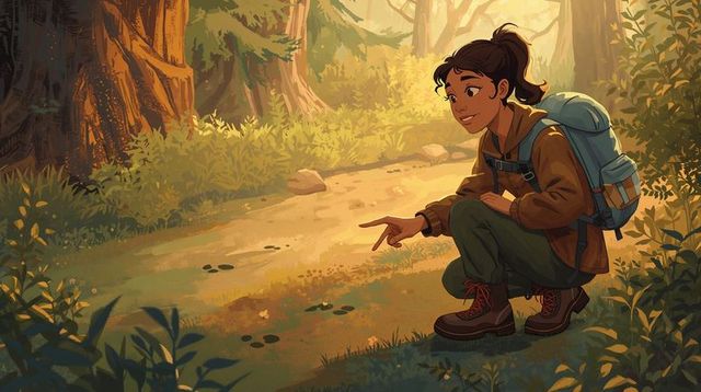 Teen Hiker Discovering Tracks on Sunlit Forest Trail, Backpacking Adventure