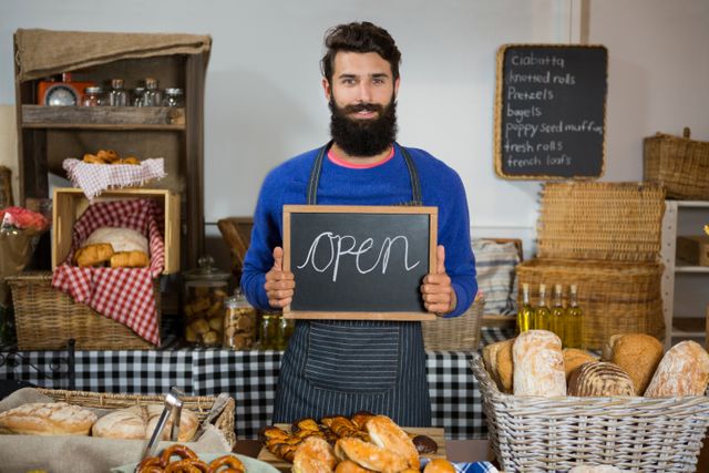 Male baker standing behind counter, holding open sign, smiling. Various breads and pastries displayed. Ideal for promoting small businesses, bakery shops, local entrepreneurship, and fresh baked goods.