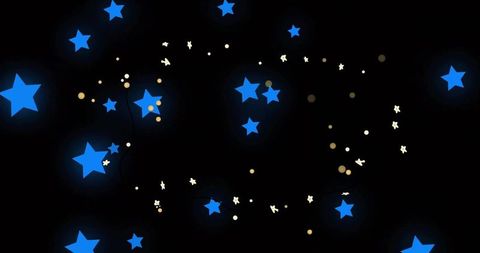 Spiraling blue stars glowing on black background with gold bokeh and cream specks