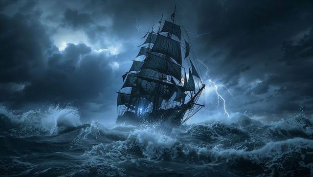 Tall ship braving stormy seas with lightning