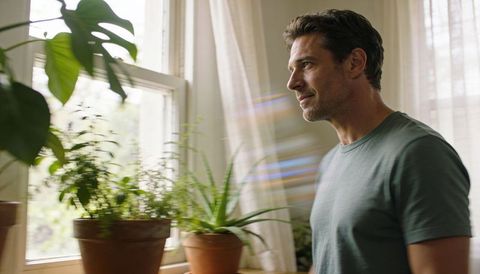 Man gazing at windowsill plants in sunlit home serene indoor greenery moment