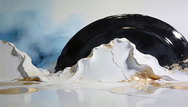 Glossy black arc reflecting over ivory peaks with gold gilding