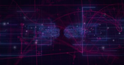 Neon cyber network visualization featuring symmetric pulsing clusters, wireframe HUD grid