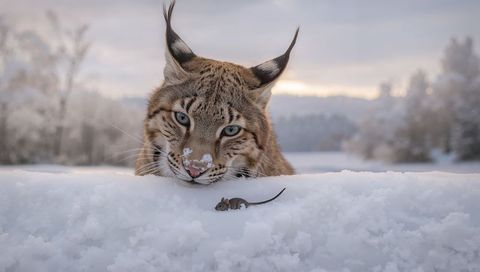 Eurasian lynx stalking small mouse on snowbank in serene winter landscape closeup
