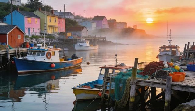 Misty sunrise fishing harbor with colorful coastal houses, tied boats and nets on dock